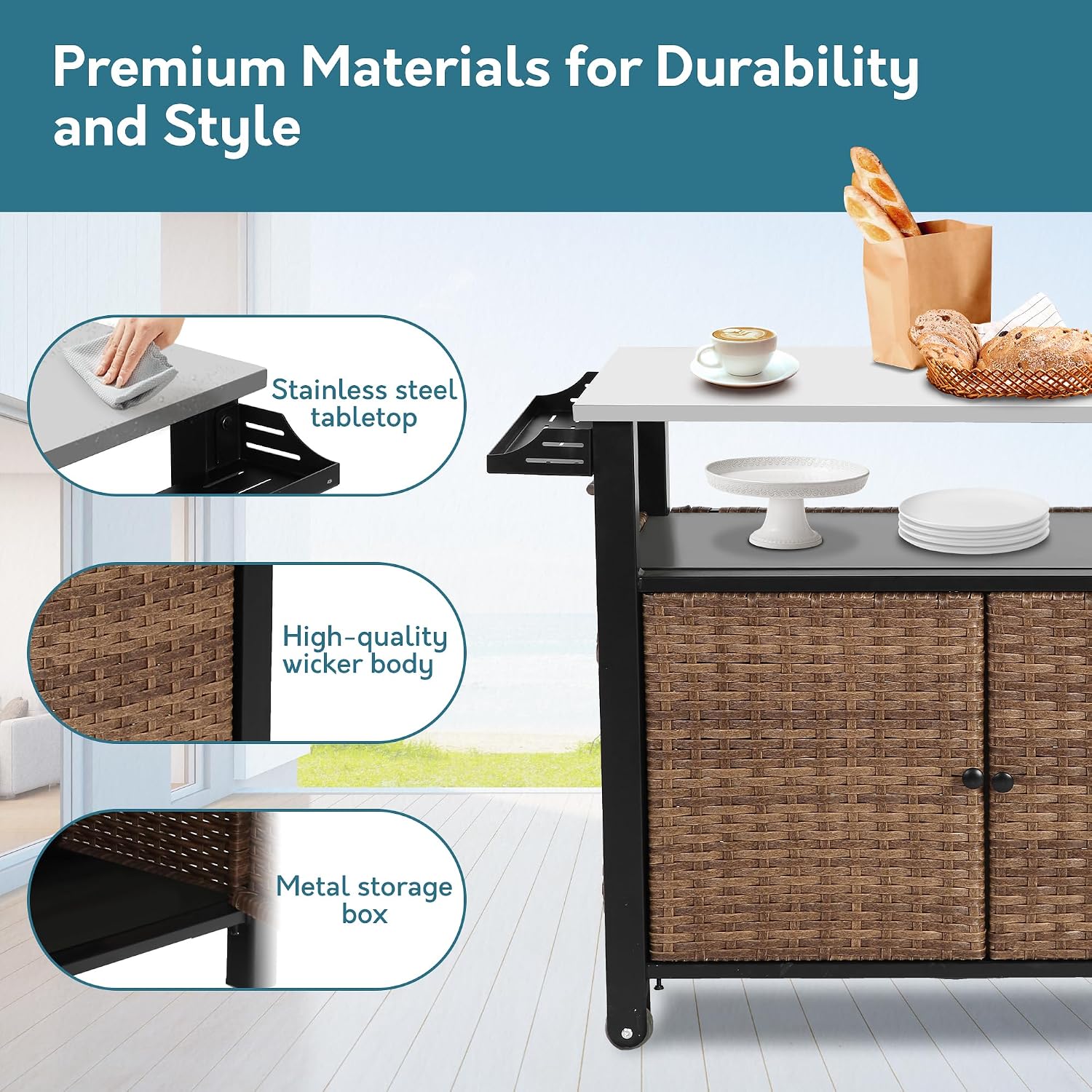 Patio Grill Cart with Wicker Storage, Outdoor Kitchen Island Serving Cart with Stainless Steel Table Top, Outdoor Prep Table and Rolling Wheels, for BBQ, Patio, Brown
