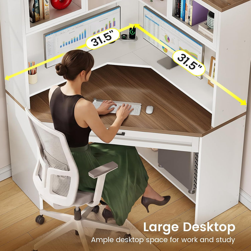 SEDETA 31.5' Corner Desk with Drawers, Small Office Computer Desk with Storage Shelves & Hutch for Small Space, Gaming Desk with LED Lights & Power Strip for Home Office, White + Brown
