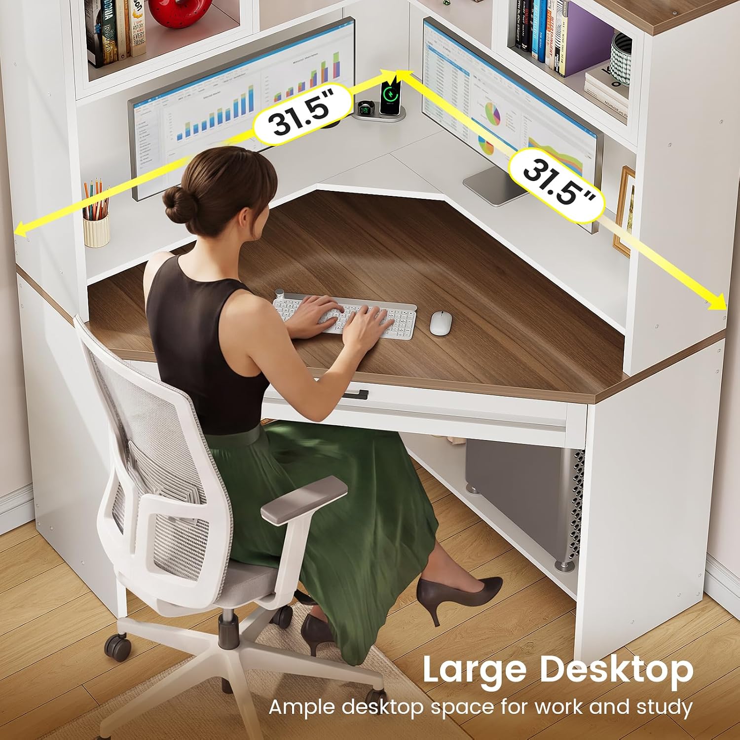 SEDETA 31.5' Corner Desk with Drawers, Small Office Computer Desk with Storage Shelves & Hutch for Small Space, Gaming Desk with LED Lights & Power Strip for Home Office, White + Brown
