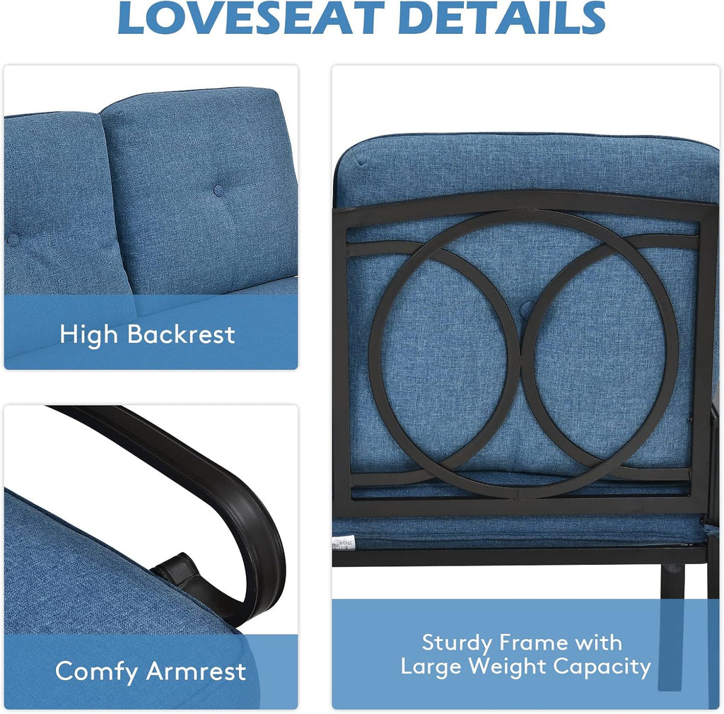 Giantex 2 Pcs Patio Loveseat with Coffee Table Outdoor Bench with Cushion and Metal Frame, Loveseat Furniture Set Sofa for Garden, Yard, Patio or Poolside