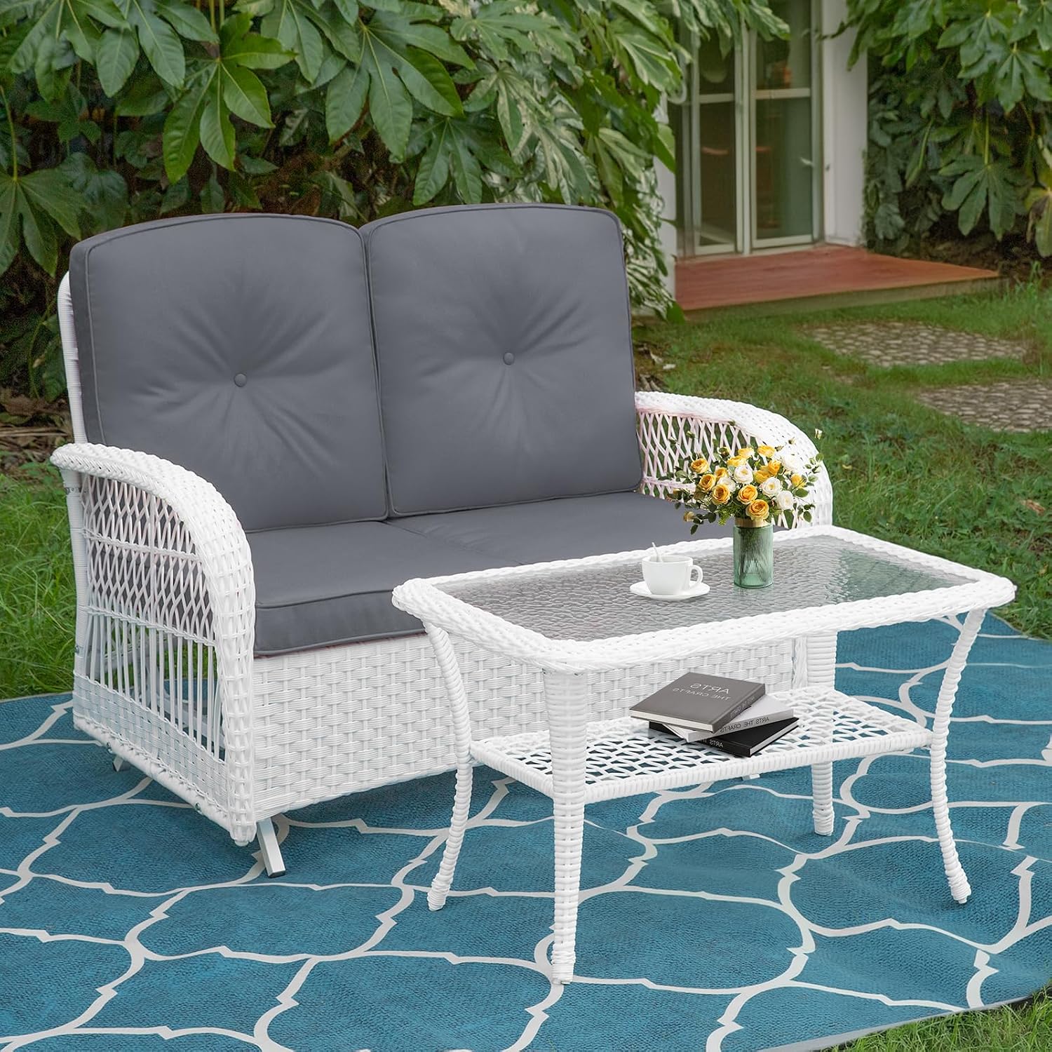 MEETWARM Outdoor Wicker Patio Glider Set, Loveseat for 2 Person Porch Furniture Glider with Glass-Top Coffee Table, Patio Glider Rocking Bench with Thickened Cushions, White Wicker/Grey