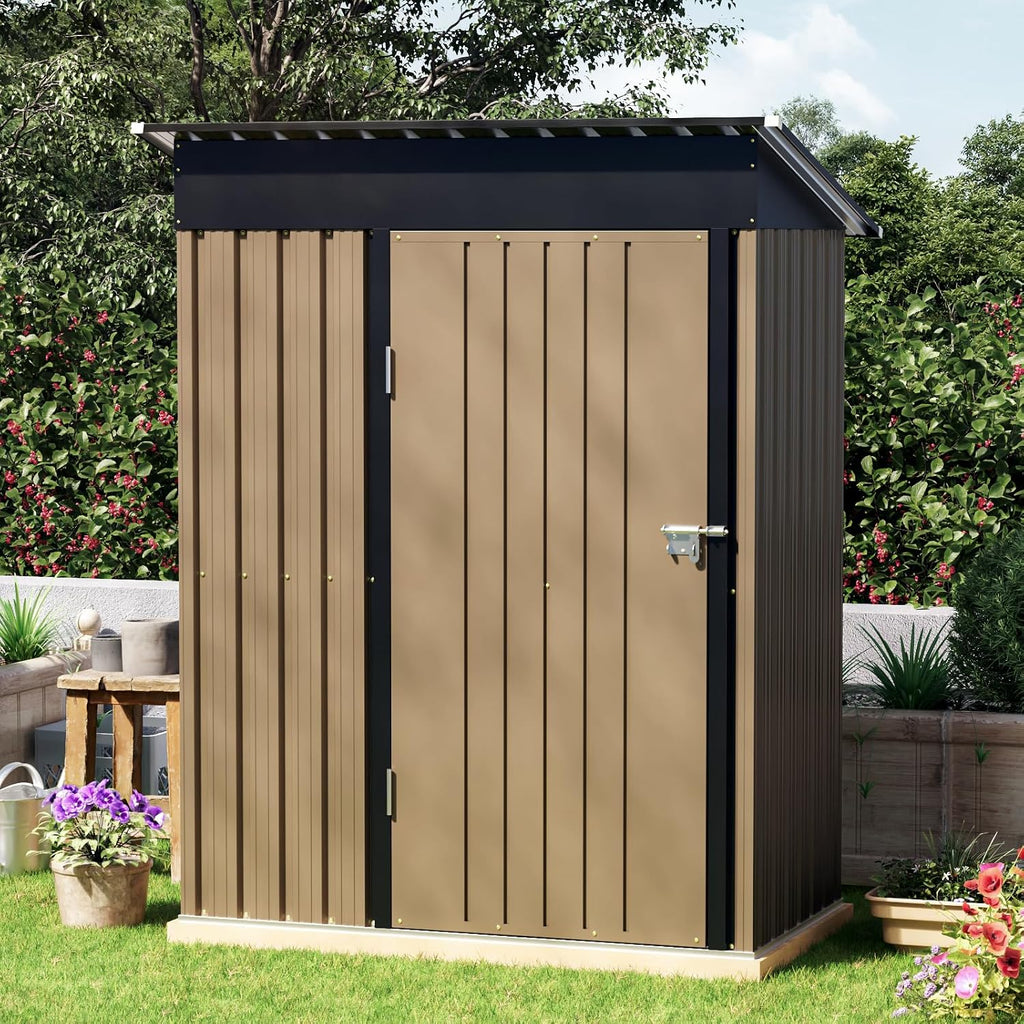 3x5 FT Outdoor Metal Storage Shed with Floor Frame, Single Door, 1 Clear Window, Tool Shed for Garden, Patio, Backyard Brown