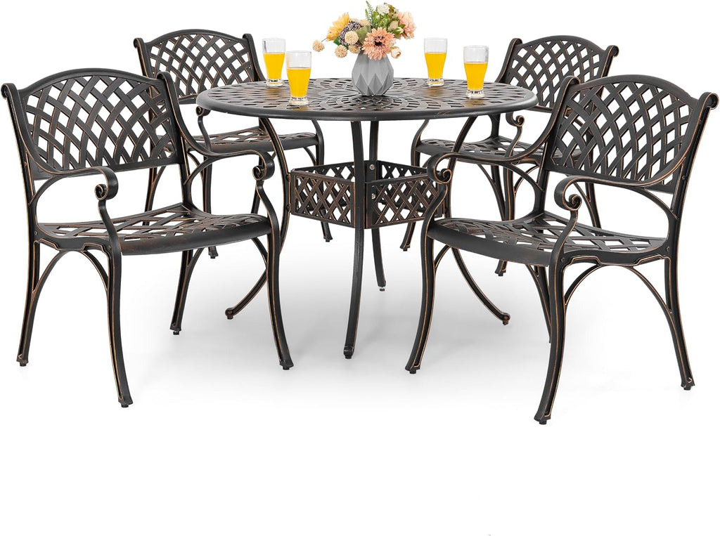 NUU GARDEN 5 Piece Outdoor Patio Dining Set, Cast Aluminum Round Dining Table with Umbrella Hole and Patio Dining Chairs for Patio, Garden, Backyard, Balcony, Black with Bronze Edge