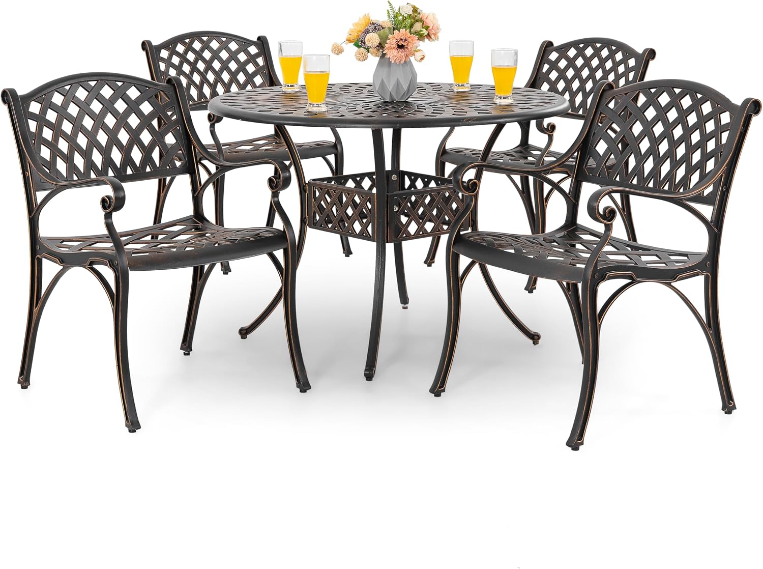 NUU GARDEN 5 Piece Outdoor Patio Dining Set, Cast Aluminum Round Dining Table with Umbrella Hole and Patio Dining Chairs for Patio, Garden, Backyard, Balcony, Black with Bronze Edge