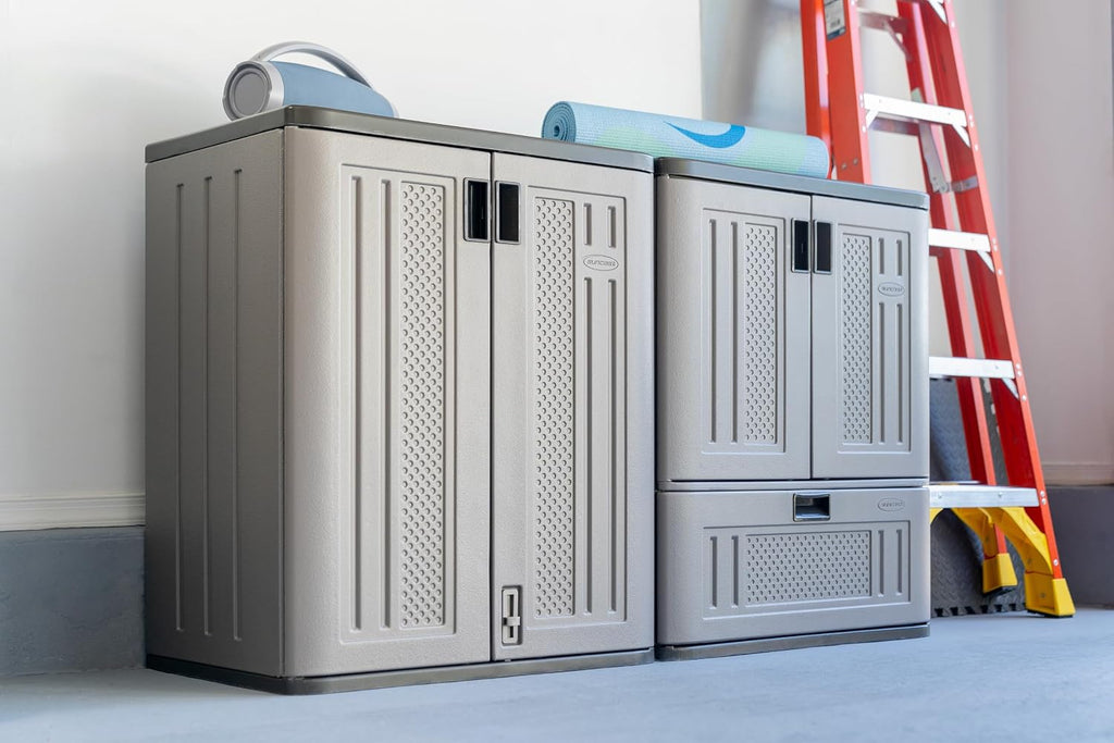 Suncast Indoor Resin Single-Drawer Storage Cabinet, Platinum Metallic, Made in the USA