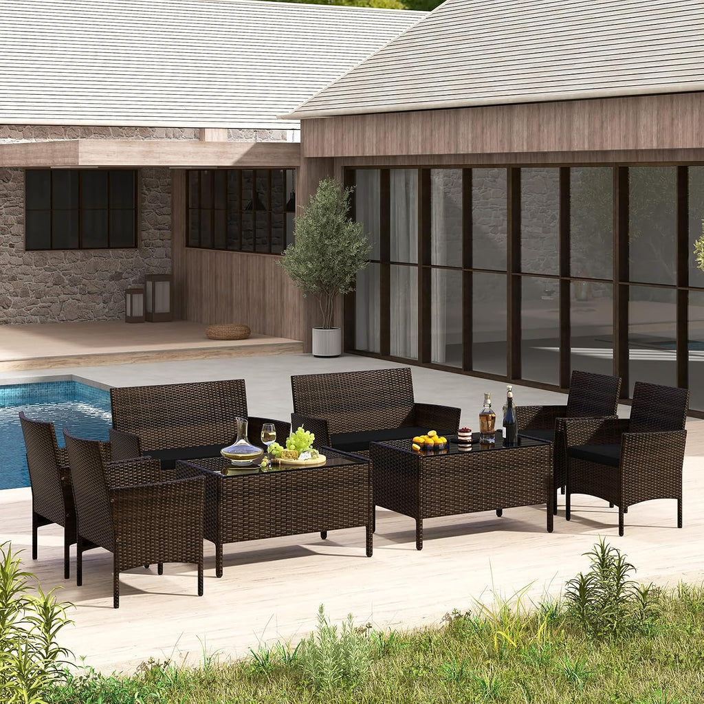 Tangkula 8 Piece Patio Rattan Conversation Set, Outdoor Wicker Furniture Set with Chair, Loveseat & Tempered Glass Table, Cozy Seat Cushions, Outside Sectional Sofa Set for Backyard, Porch (1,Black)