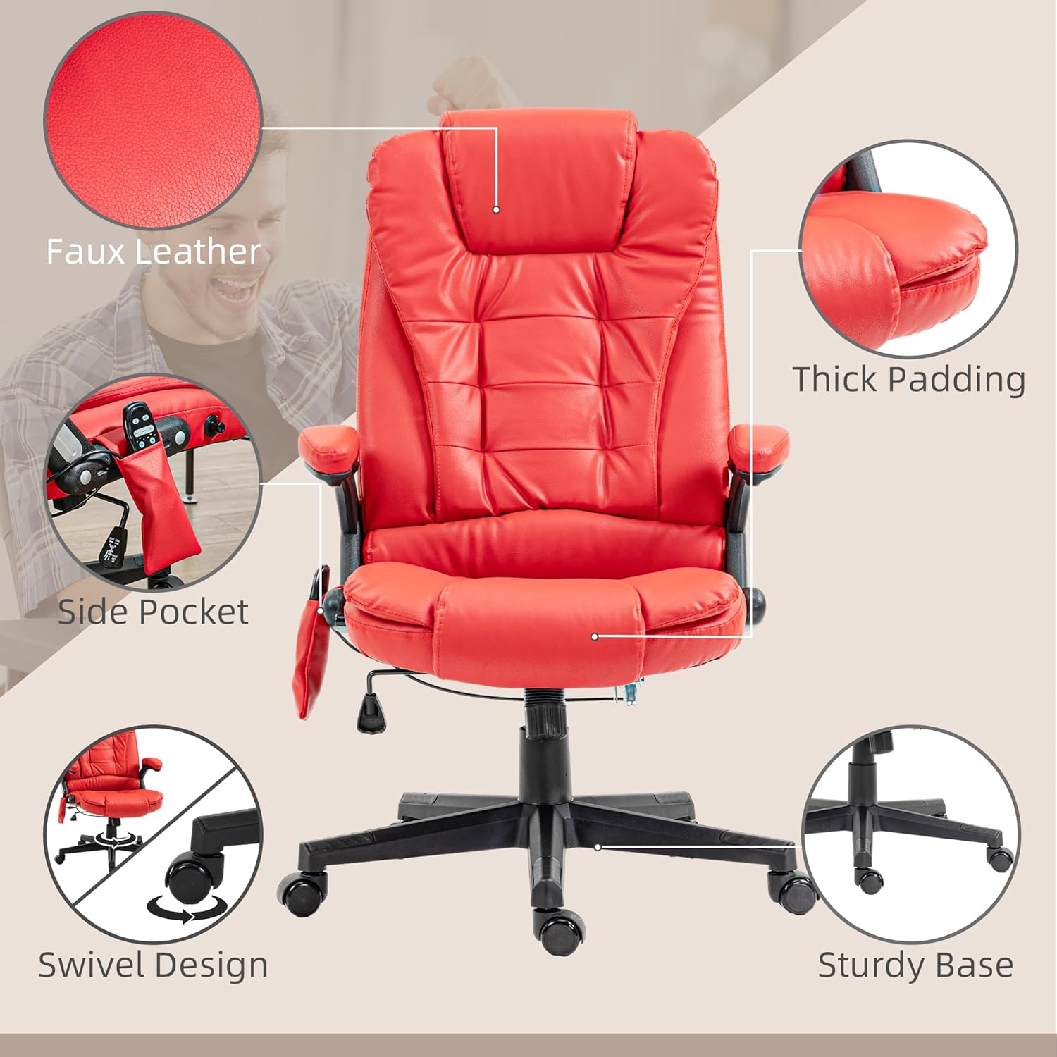 HOMCOM High Back Vibration Massage Office Chair with 6 Vibration Points, Heated Reclining PU Leather Computer Chair with Armrest and Remote, Red