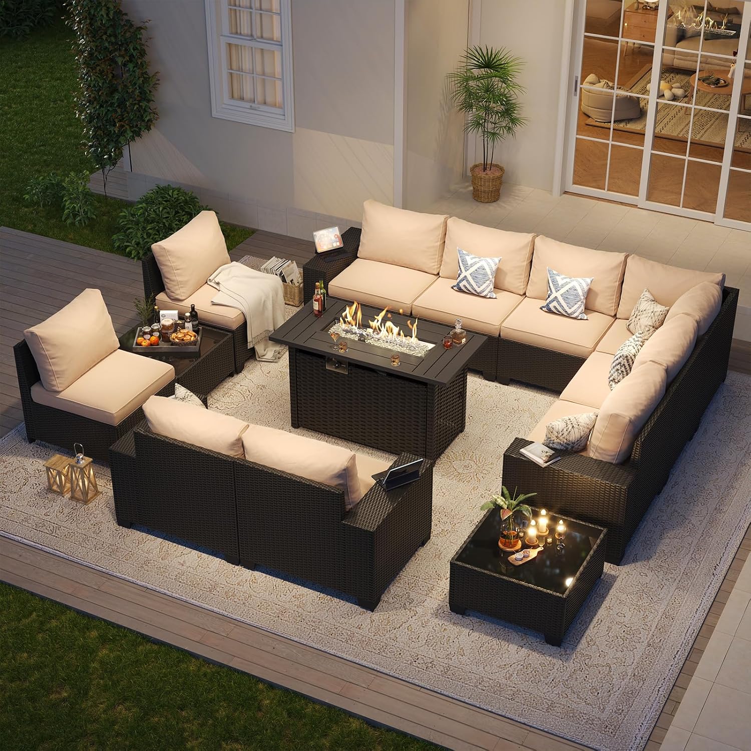 Aoxun Patio Furniture Sets with 44'' Fire Pit, 13 Pcs Outdoor Patio Coversation Set with 4in Thicken Cushion, Widen Armrests Wicker Outdoor Sectional for Backyard (Waterproof Cover Include)