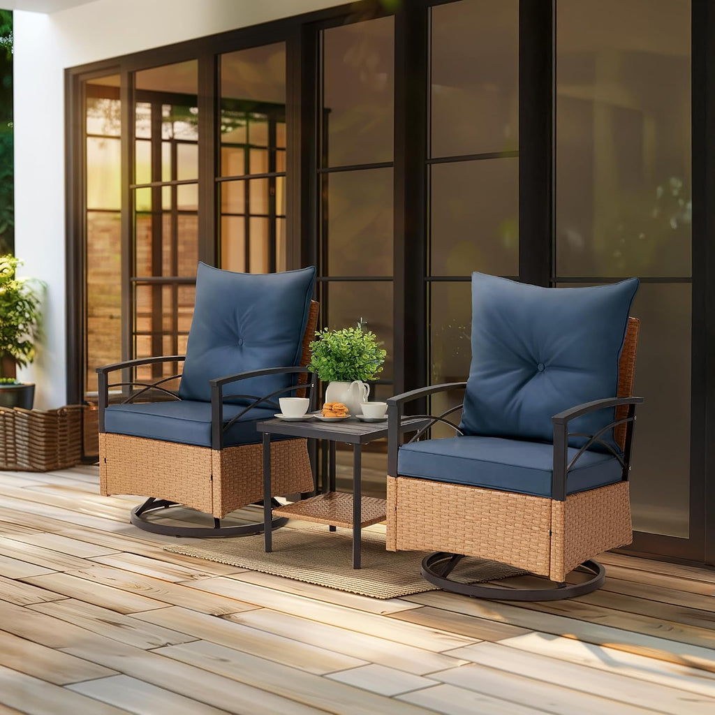MELLCOM 3 Pieces Patio Furniture Set, Outdoor Swivel Patio Rocker Chairs with Thick Cushions and 2-Tier Coffee Table, Oversize Wicker Bistro Conversation Sets for Garden, Balcony, Backyard, Blue