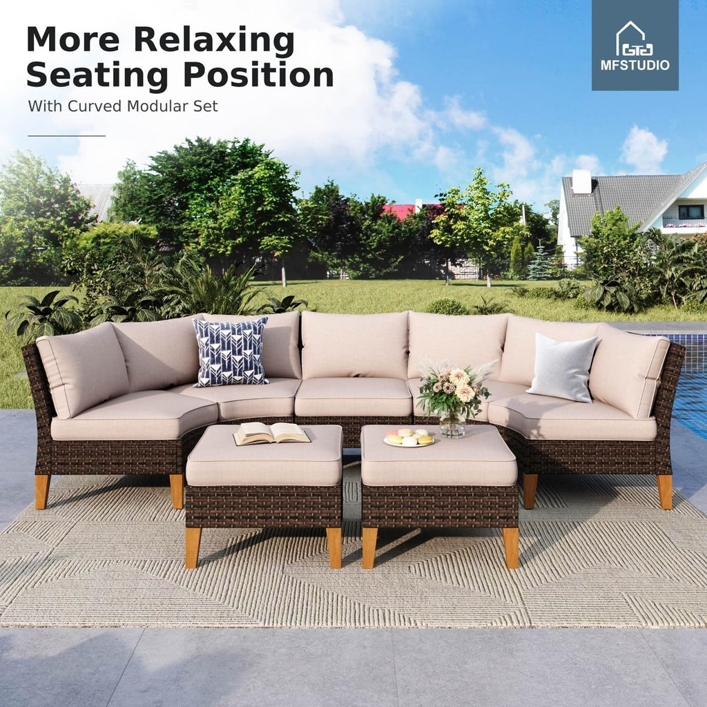 MFSTUDIO 10 Pieces Wicker Patio Furniture Set, All-Weather Extra Large Rattan Half-Moon Curved Sectional Sofas Outdoor Conversation Sets for Garden, Backyard(Beige Cushion)