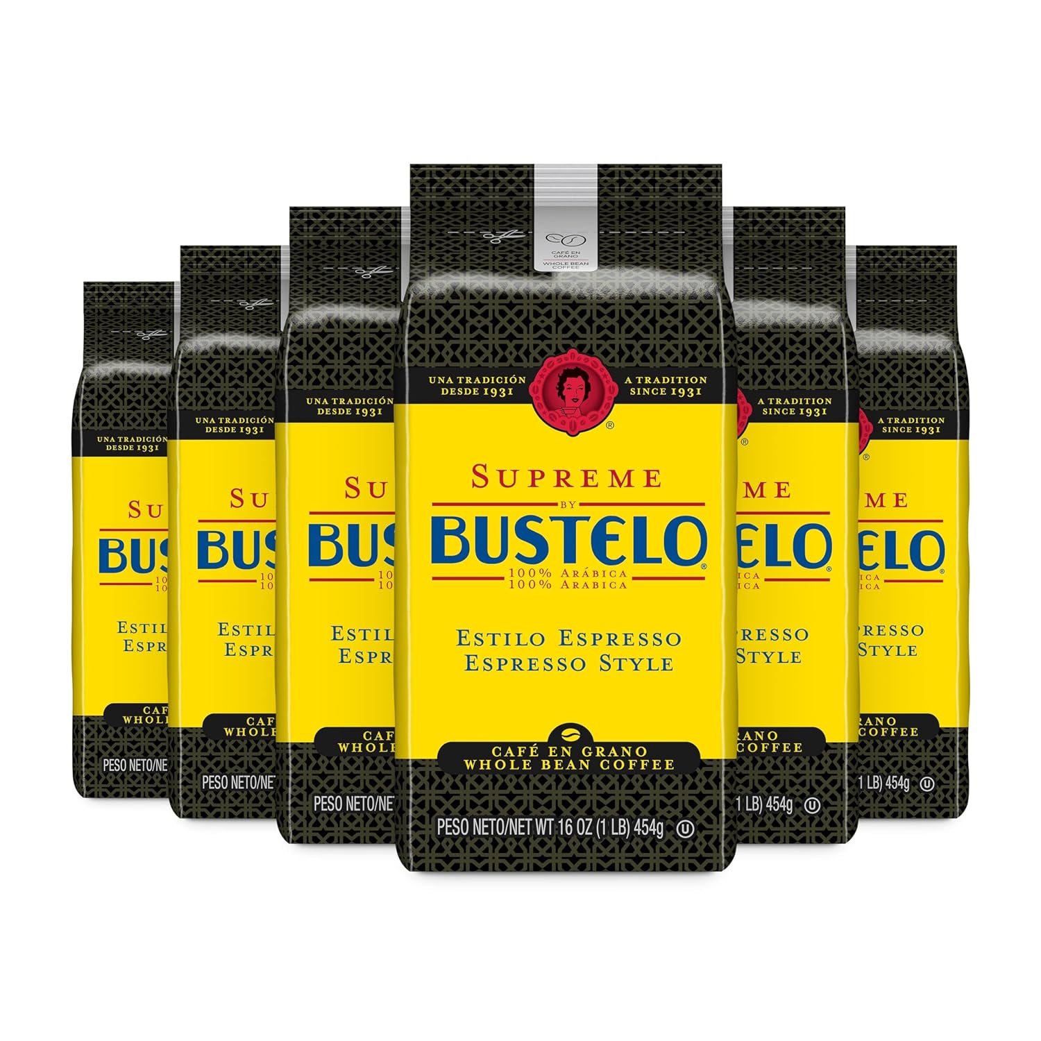 Café Bustelo Supreme by Bustelo Espresso Style Dark Roast Whole Bean Coffee, 16 Ounce (Pack of 6)