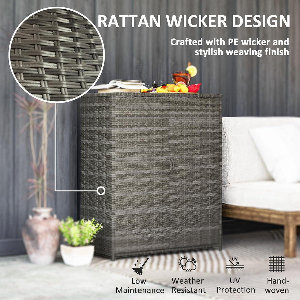 Outsunny Wicker Outdoor Storage Cabinet with Shelves, 4-Shelf Outdoor Pool Towel Cabinet with Two Doors, Rattan Patio Storage Shelves for Garden, Backyard, Porch, Mixed Gray