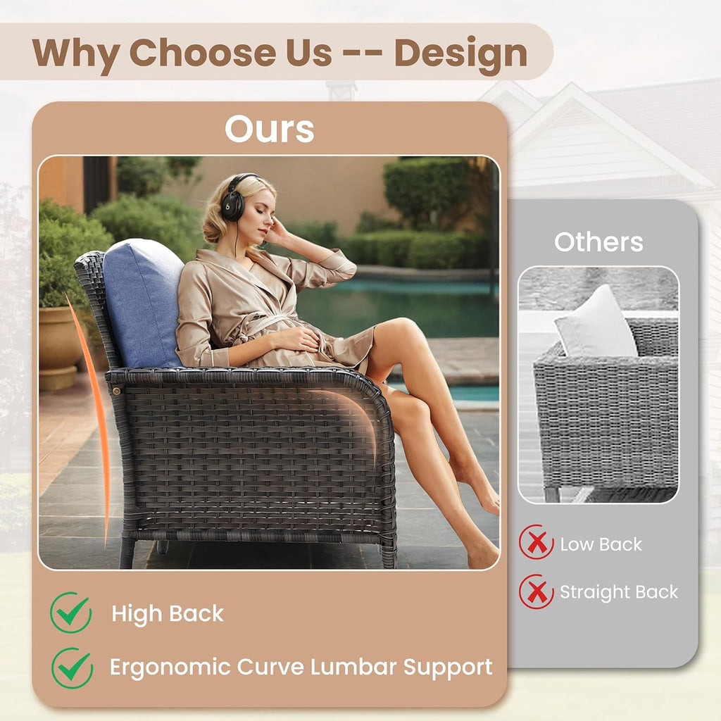 HOOOWOOO Patio Furniture Set,2 Pieces Outdoor Wicker Chairs Set,All Weather Bistro Chairs with Comfy High Back,Denim Blue