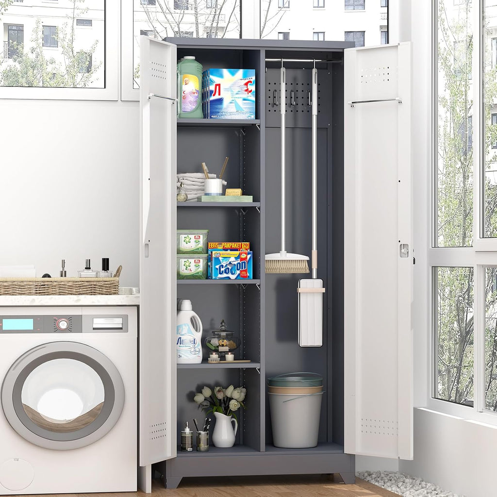 GREATMEET 72'' Metal Utility Storage Cabinet with Pegboard & Tool Hanging Bars, Double Door Cleaning Supply Organizer with Adjustable Shelves, Tall Garage Janitor Storage Cabinet, Gray White