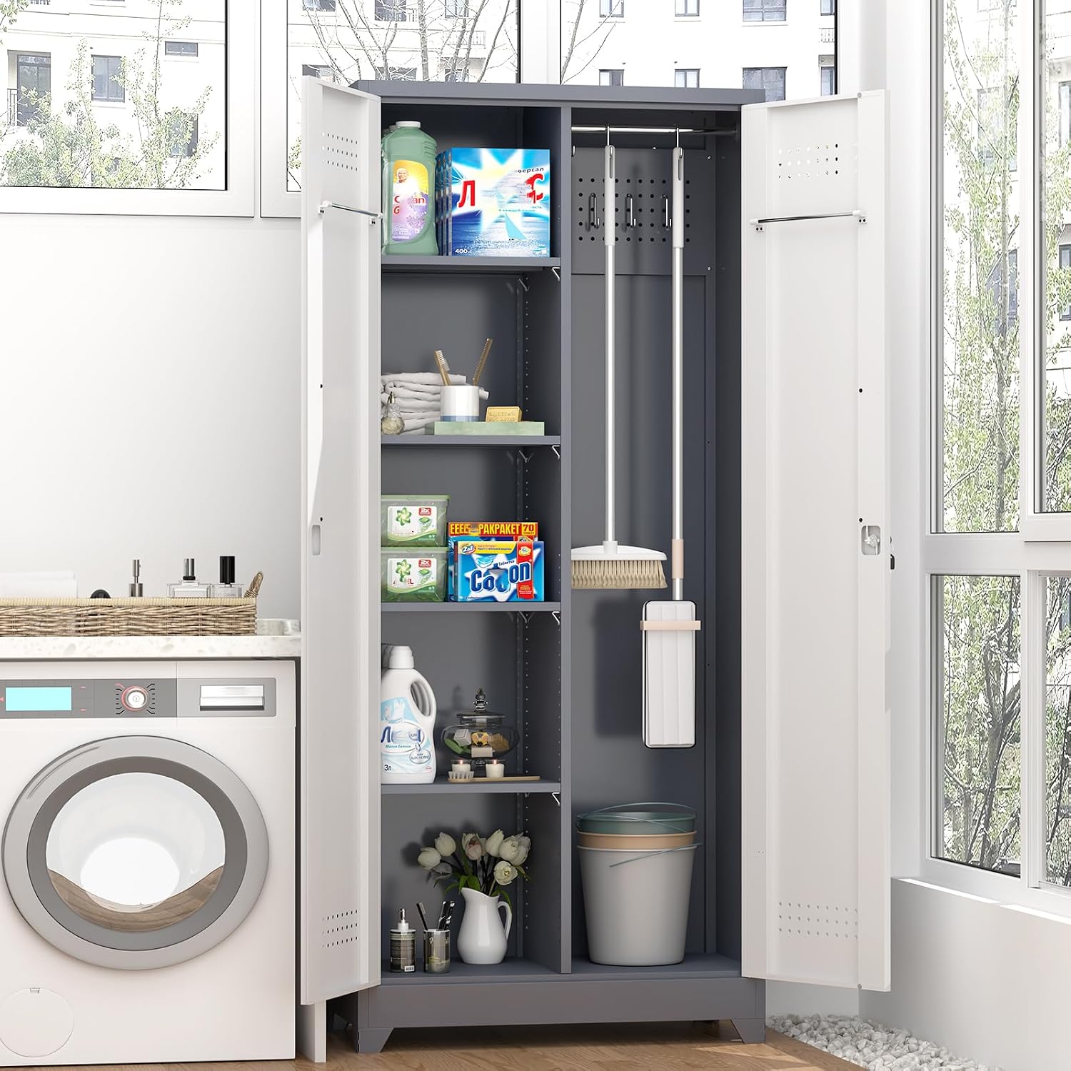 GREATMEET 72'' Metal Utility Storage Cabinet with Pegboard & Tool Hanging Bars, Double Door Cleaning Supply Organizer with Adjustable Shelves, Tall Garage Janitor Storage Cabinet, Gray White
