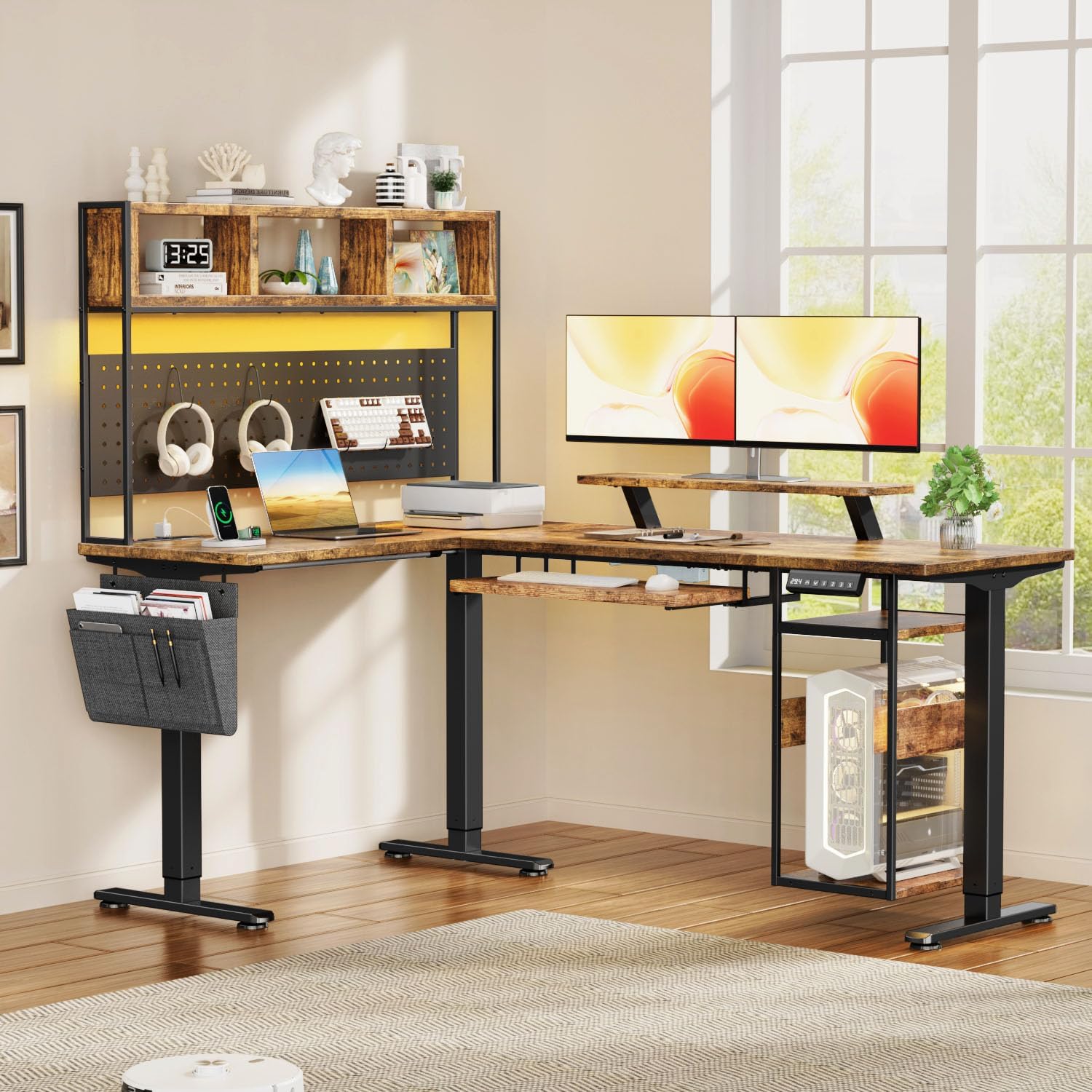 Flycity Electric L Shaped Standing Desk Adjustable Height, 67' x 47' Corner Computer Desk with Host Shelf, Gaming Desk with LED Lights & Power Outlet, Dual Motor Home Office Desk with Storage, Brown