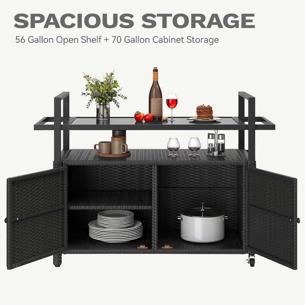 DWVO Outdoor Kitchen Island,Patio Buffet Cabinet with Storage, Bar Cart with Glass Top,Patio Storage Cabinet with Wheels,Outdoor Bar Table for Poolside and Backyard,Black