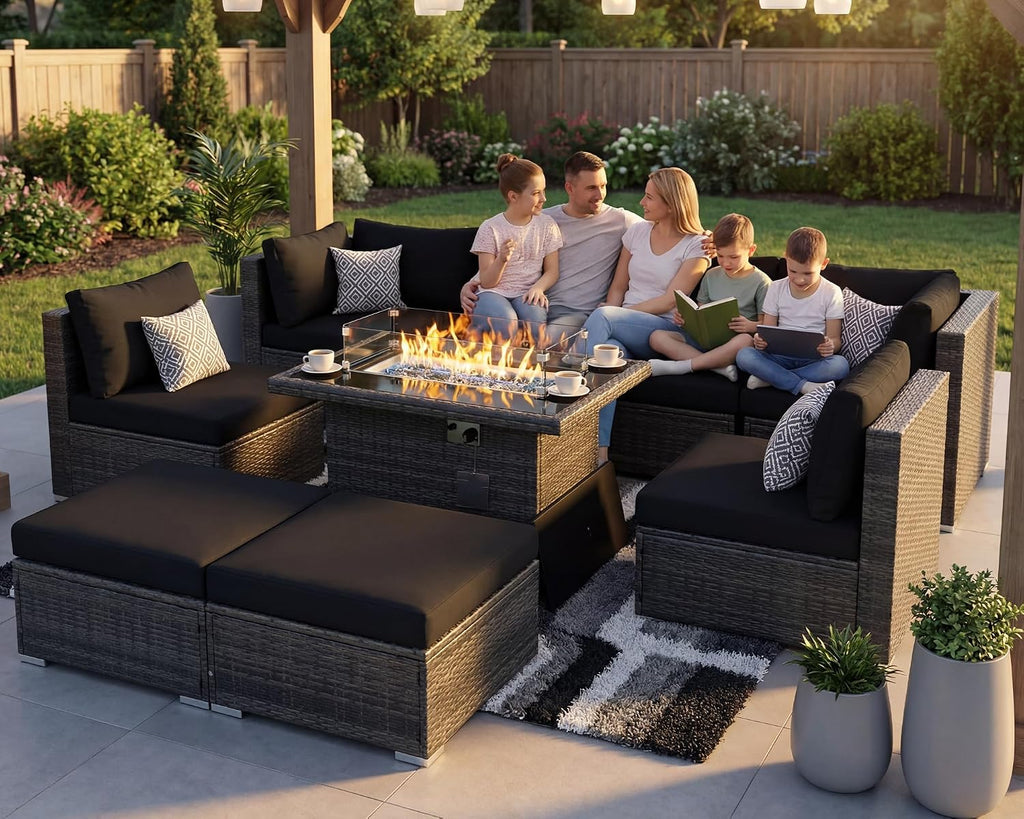 RADIATA 9 Piece Wicker Patio Furniture Set with Fire Pit, All-Weather Outdoor Sectional Couch High Back Large Size, Modular Backyard Seating Sofa Set with Propane/Natural Gas Firepit Table, Grey&Black