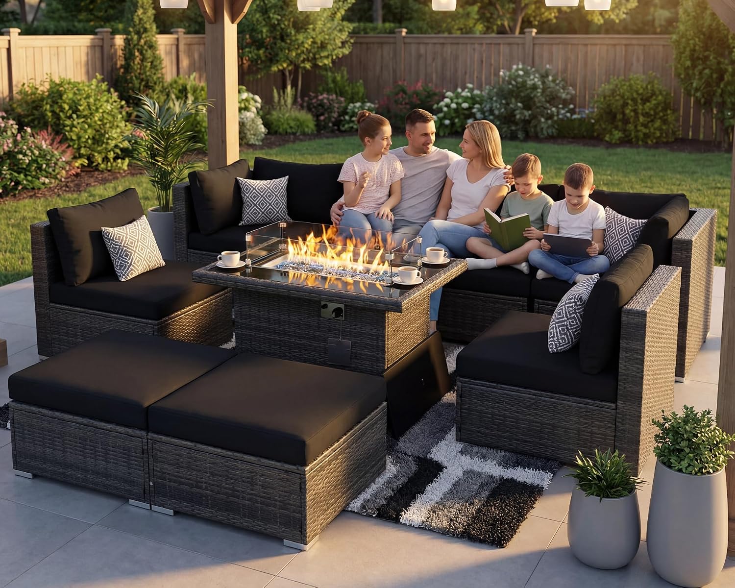 RADIATA 9 Piece Wicker Patio Furniture Set with Fire Pit, All-Weather Outdoor Sectional Couch High Back Large Size, Modular Backyard Seating Sofa Set with Propane/Natural Gas Firepit Table, Grey&Black