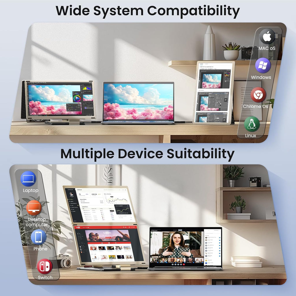 Triple Laptop Screen Extender - 15.6' Monitor IPS FHD 1080P Detachable Portable Display for 13'-17.4' Laptops Compatible with Compatible with Windows Mac Chrome Surface Travel Work Setup
