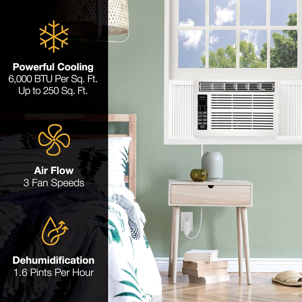 Whirlpool 6,000 BTU Window Air Conditioner with Dehumidifier, 115V, Window AC for Rooms up to 250 Sq. Ft., Living Room, Bedroom, or Kitchen, with Remote Control, Digital Display, and 24H-Timer, White