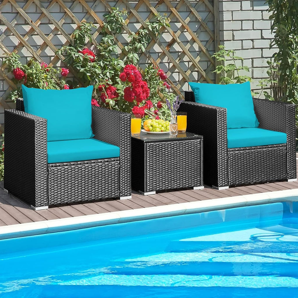 HAPPYGRILL 3 Pieces Rattan Patio Conversation Set, PE Wicker Patio Furniture Set with Coffee Table and Cushions, Outdoor Sofa Set for Garden Balcony Porch Poolside