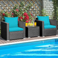 HAPPYGRILL 3 Pieces Rattan Patio Conversation Set, PE Wicker Patio Furniture Set with Coffee Table and Cushions, Outdoor Sofa Set for Garden Balcony Porch Poolside