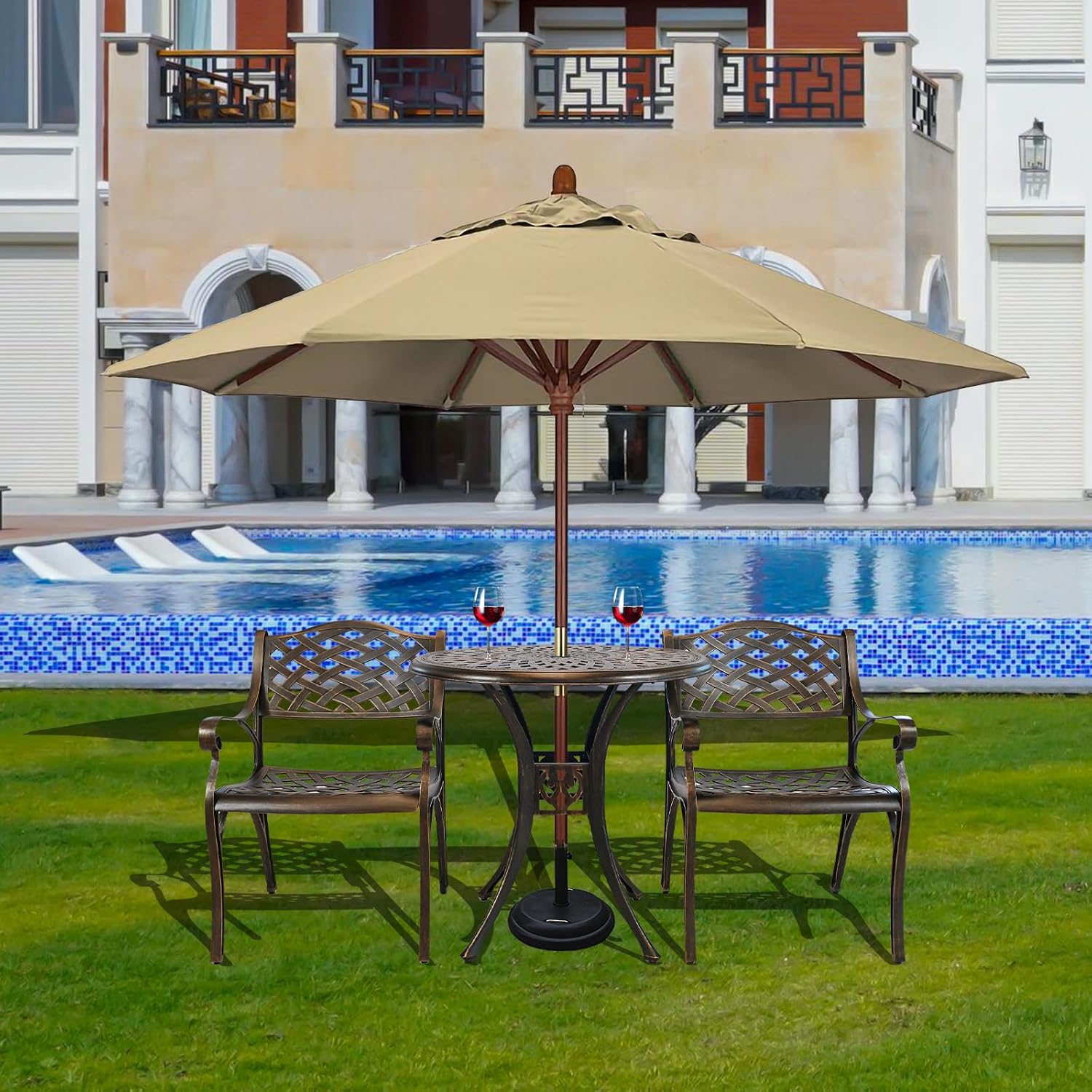 3 Piece Outdoor Dining Set,Cast Aluminum Bistro Set with Umbrella Hole, All Weather Patio Furniture Set, Small Patio Dining Set for Garden/Balcony/Deck, Bronze