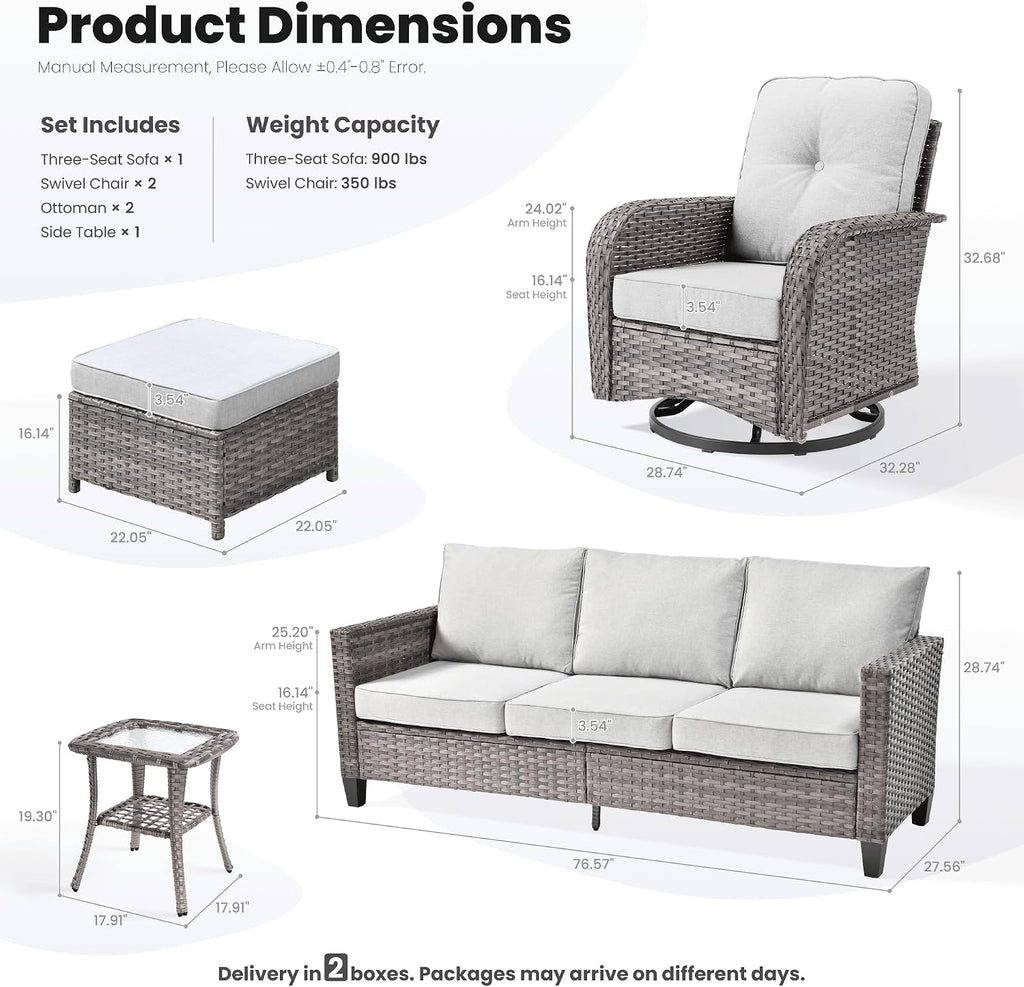 ovios 6 Pieces Patio Furniture Set, Outdoor Wicker Sofa Couch with Rocking Swivel Chairs Comfy Cushions, Modern Deep Seat Rattan Conversation Sets for Deck Porch, Grey