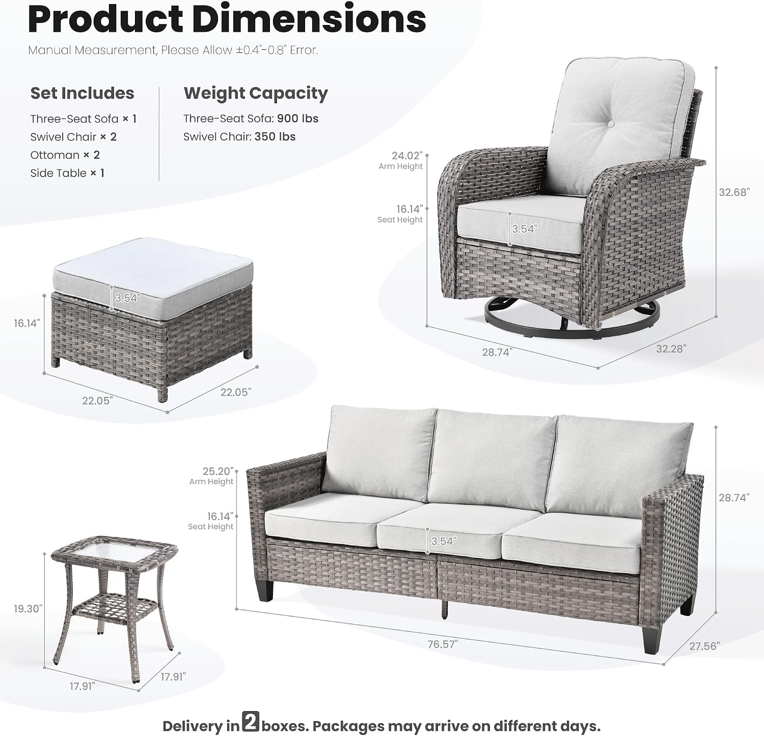ovios 6 Pieces Patio Furniture Set, Outdoor Wicker Sofa Couch with Rocking Swivel Chairs Comfy Cushions, Modern Deep Seat Rattan Conversation Sets for Deck Porch, Grey