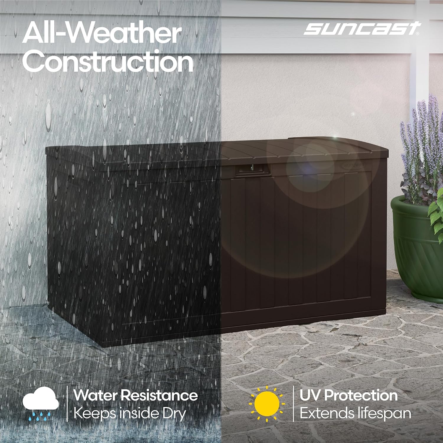 Suncast 134-Gal. Resin Extra-Large Outdoor Patio Deck Box with Pad-Lockable Lid, Modern Outdoor Patio Bench/Storage Box for Cushions, Garden Tools, and More, Java
