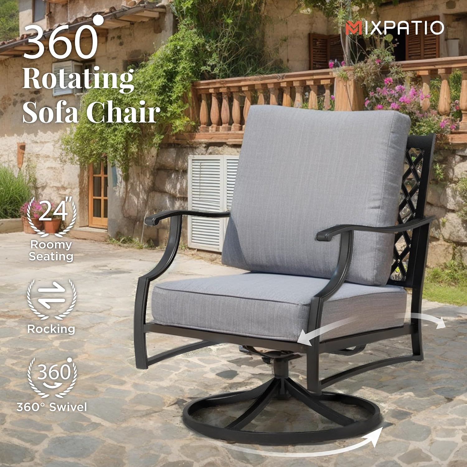 MIXPATIO Patio Furniture Set, 6 Pcs Metal Outdoor Conversation Set, 2 Swivel Chairs, 2 Ottomans and 3 Seater Sofa with 5.75' Extra Thick Cushion and Gas Fire Pit Table, Grey