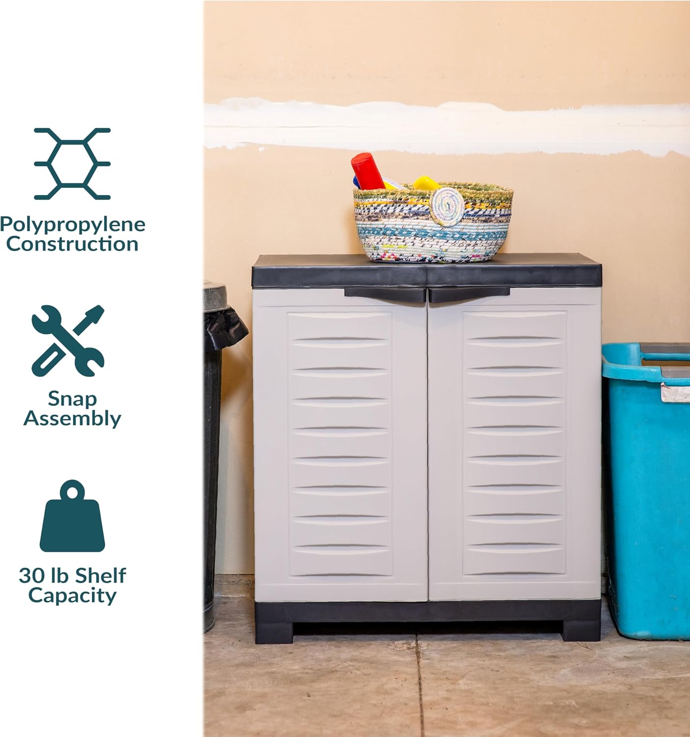 Sunnydaze 25.5' H Resin Garage Storage Cabinet - Garage Cabinet with Adjustable Shelf - Freestanding Utility Storage for Laundry Room, Office, Basement - Gray