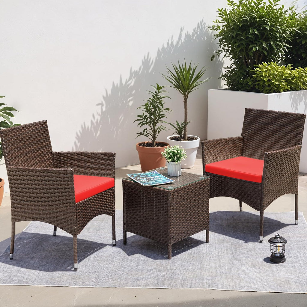 Greesum 3 Pieces Patio Dining PE Rattan Wicker Chair Furniture Set with Cushion and Glass Coffee Table for Outdoor Garden Backyard Poolside, Brown and Red