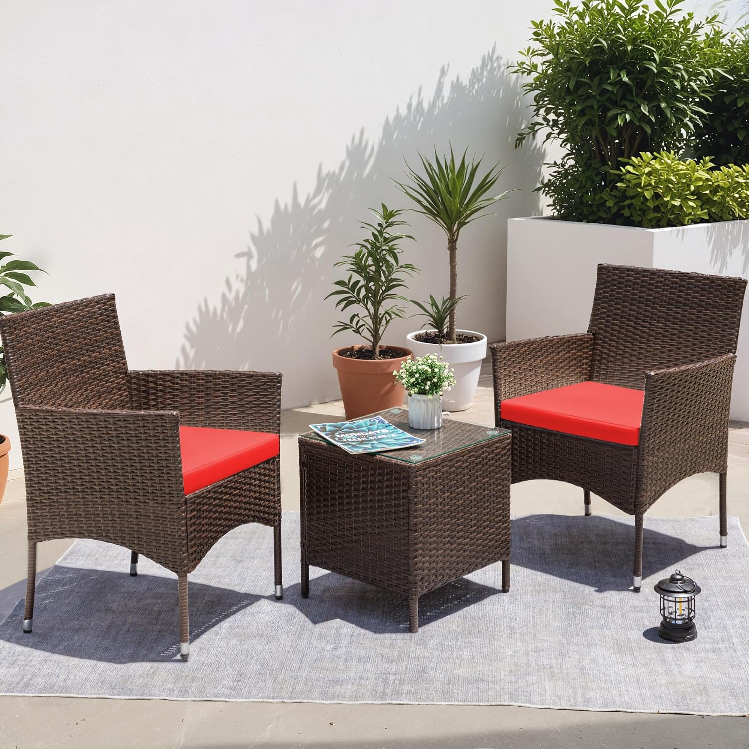 Greesum 3 Pieces Patio Dining PE Rattan Wicker Chair Furniture Set with Cushion and Glass Coffee Table for Outdoor Garden Backyard Poolside, Brown and Red