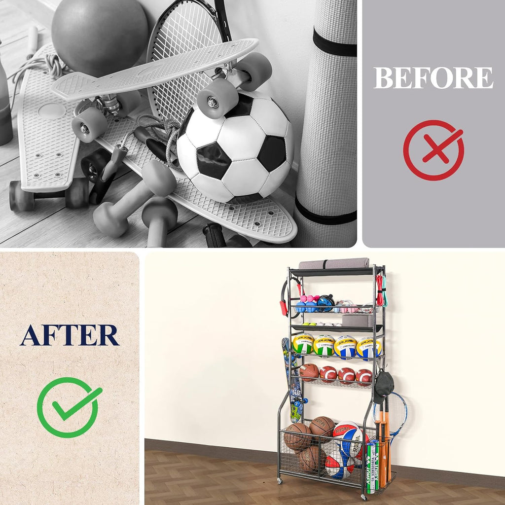 Mythinglogic Sports Equipment Garage Organizer,Garage Ball Storage for Sports Gear and Toys, Rolling Ball Cart with Wheels for Indoor/Outdoor Use