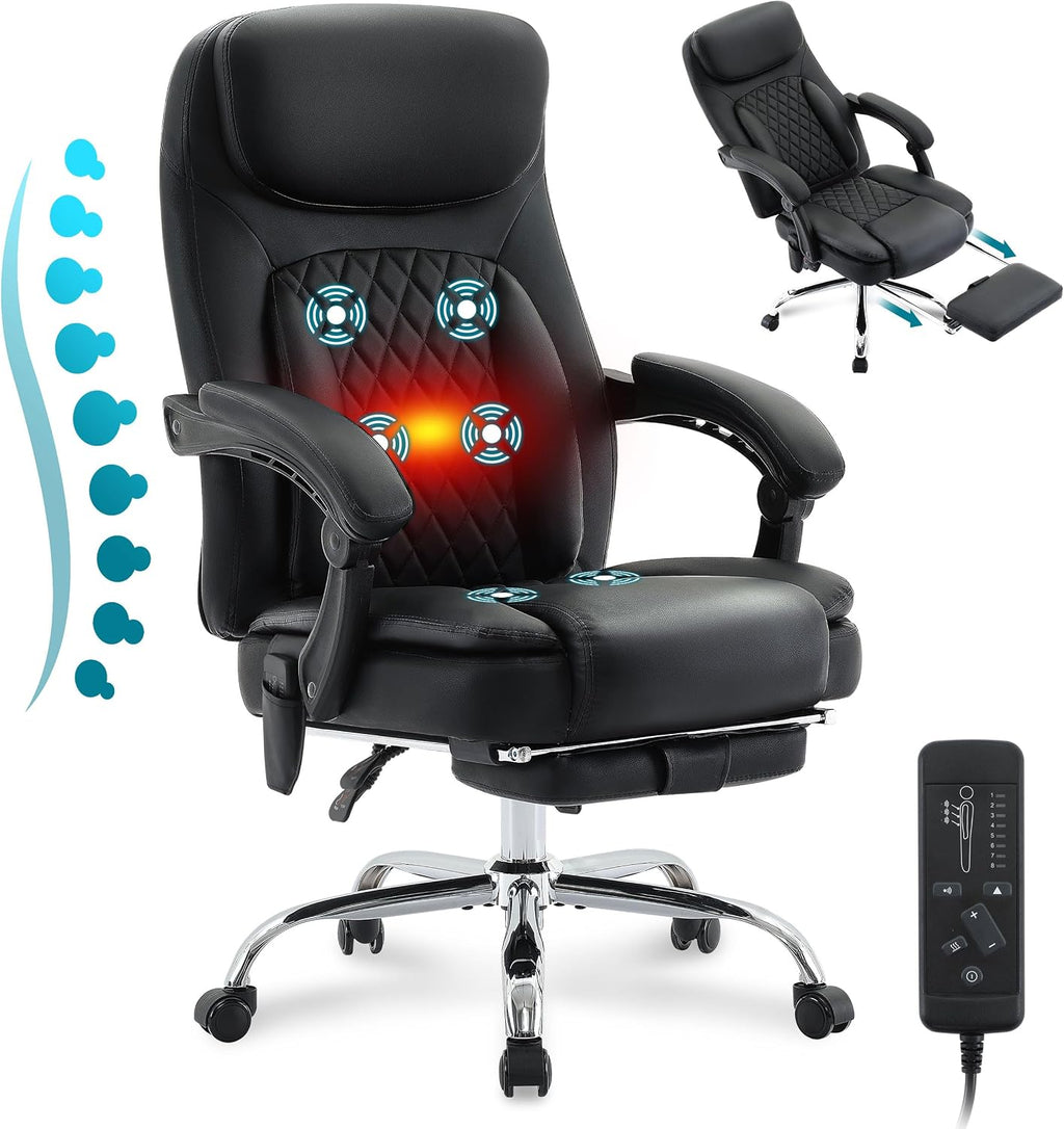 6-Point Massage Office Chair with Heated, Ergonomic Office Chair with Footrest & 45°Reclining High Back, Big and Tall Executive Office Chair 500LBS, Thick Cushion Desk Chair for Home Office, Black(PU)