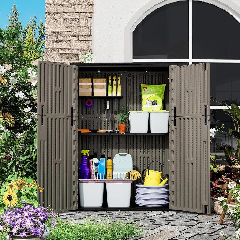 HOMSPARK 57 Cu.Ft Outdoor Storage Shed Weather Resistant, Multi Functional | Double-Wall Resin Storage Sheds & Outdoor Storage Box Waterproof for Backyard Garden Patio Lawn (Brown)