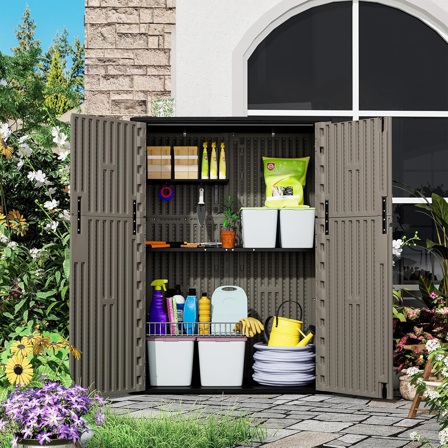 HOMSPARK 57 Cu.Ft Outdoor Storage Shed Weather Resistant, Multi Functional | Double-Wall Resin Storage Sheds & Outdoor Storage Box Waterproof for Backyard Garden Patio Lawn (Brown)