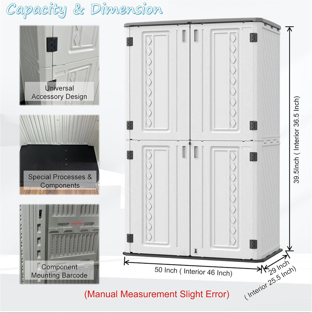 Mrosaa Vertical Resin Storage Shed, 52 Cubic Feet Outdoor Storage Cabinet Waterproof for Garden/Backyard/Home/Pool, Customized Shelves & Lockable(Off White)