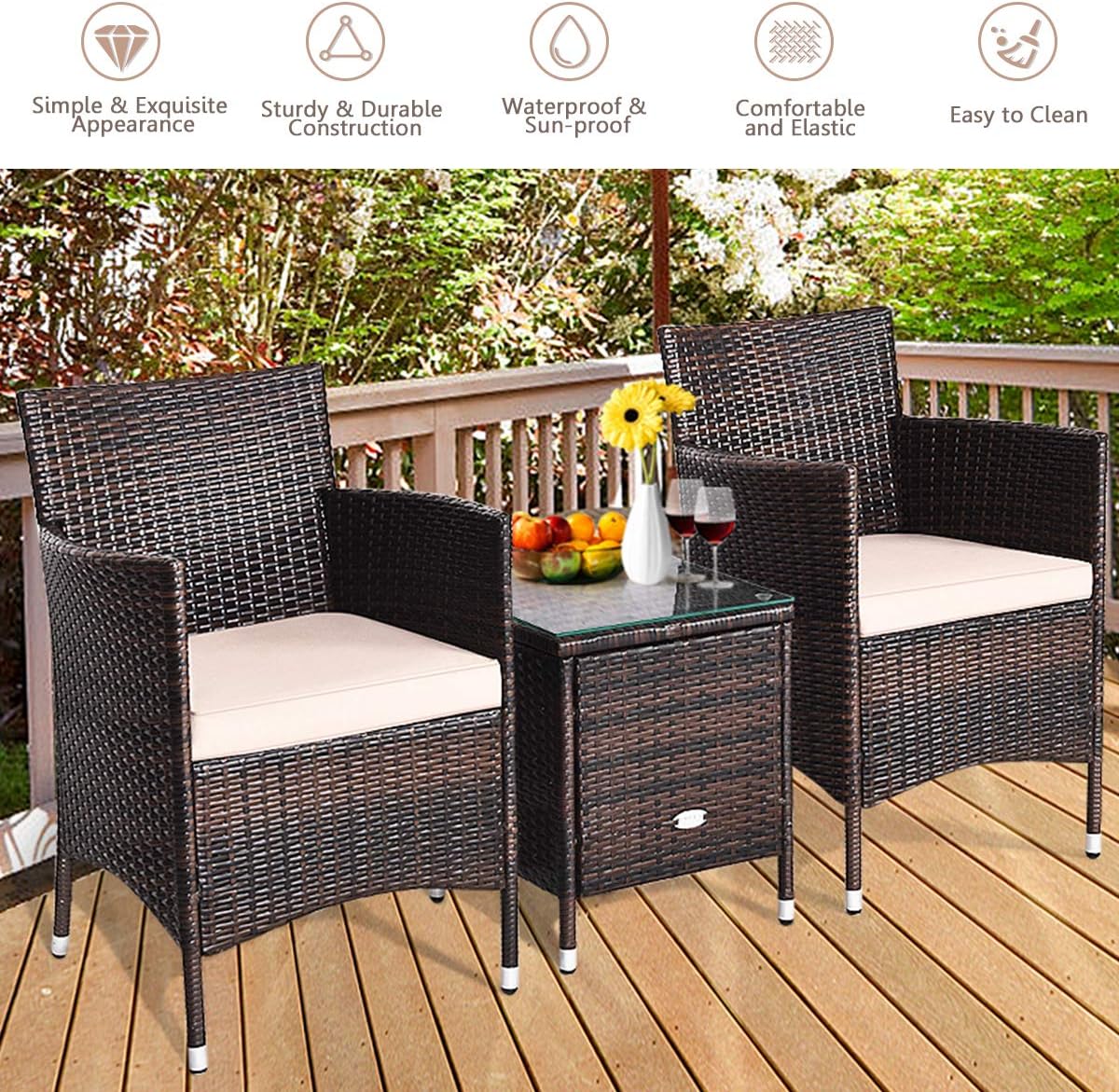 COSTWAY 3 PCS Patio Furniture Set, Outdoor Wicker Conversation Set with Tempered Glass Coffee Table, Seat Cushions, Rattan Wicker Chairs for Poolside Balcony Porch Backyard, Beige