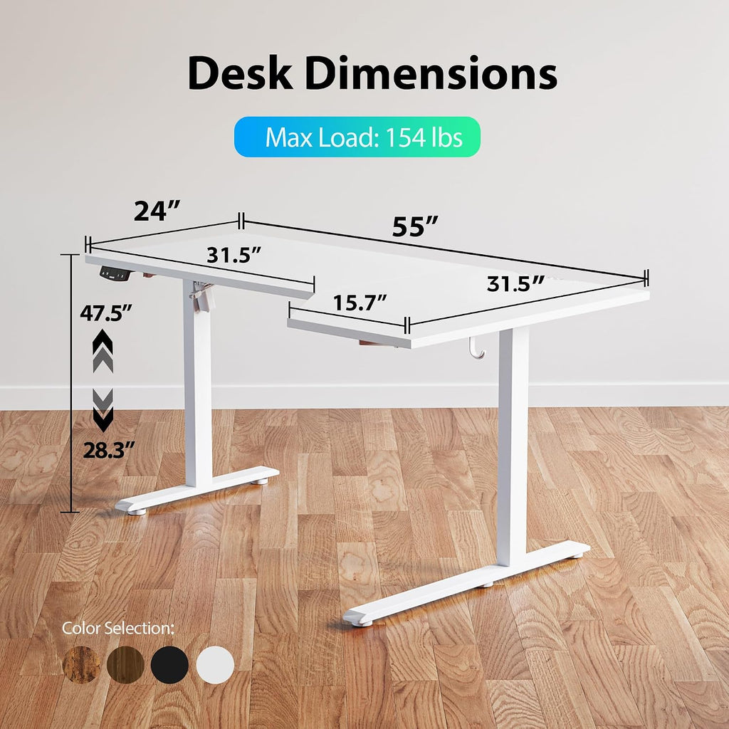 Agilestic Electric Standing Desk, Height Adjustable Desk, 55 x 32 Inch Sit Stand up for Work Office Home, L Shaped Ergonomic Rising Computer Table with Memory Preset, White