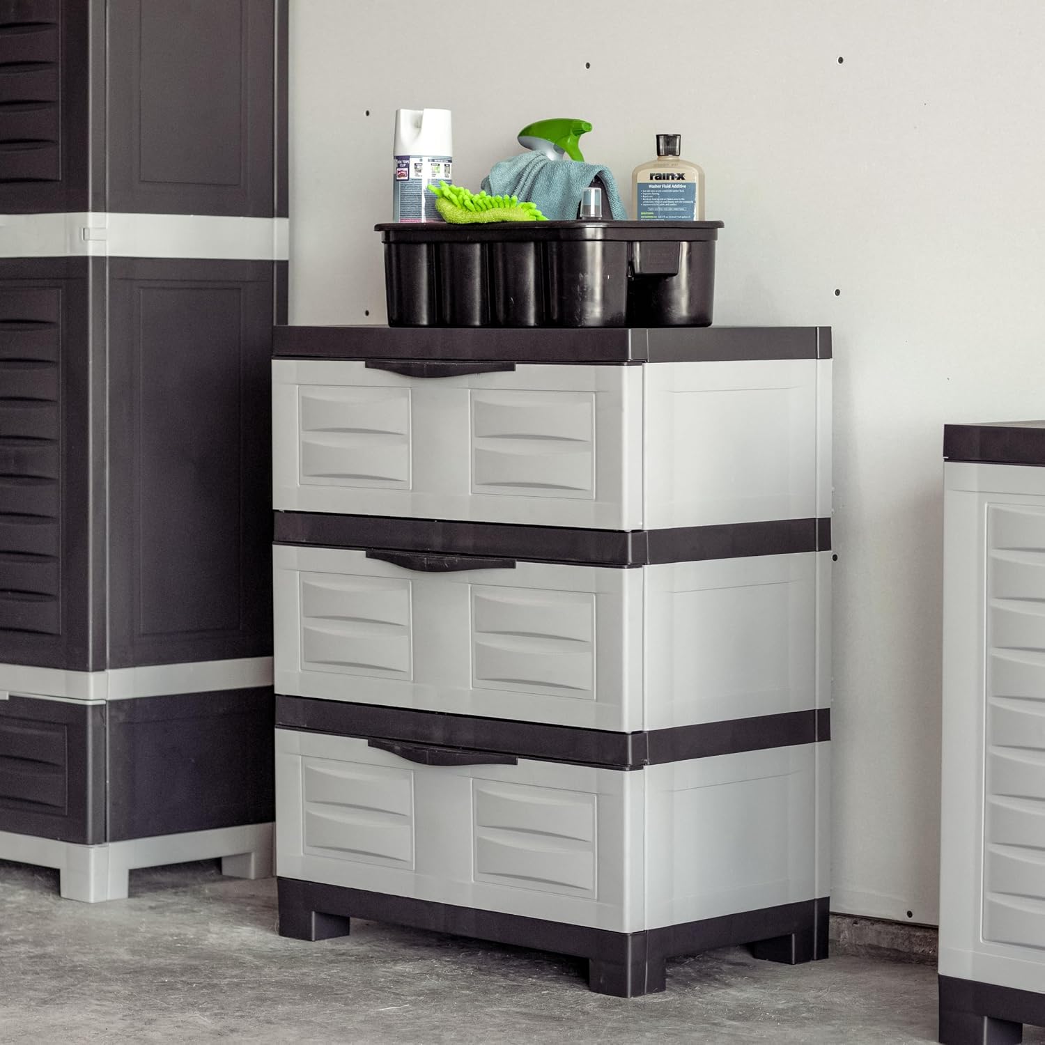Sunnydaze 29.5' H 3-Tier Storage Cabinet with Drawers - Resin Storage Drawers Organizer - for Garage, Office, Home, Laundry Room - Gray w/Charcoal Trim