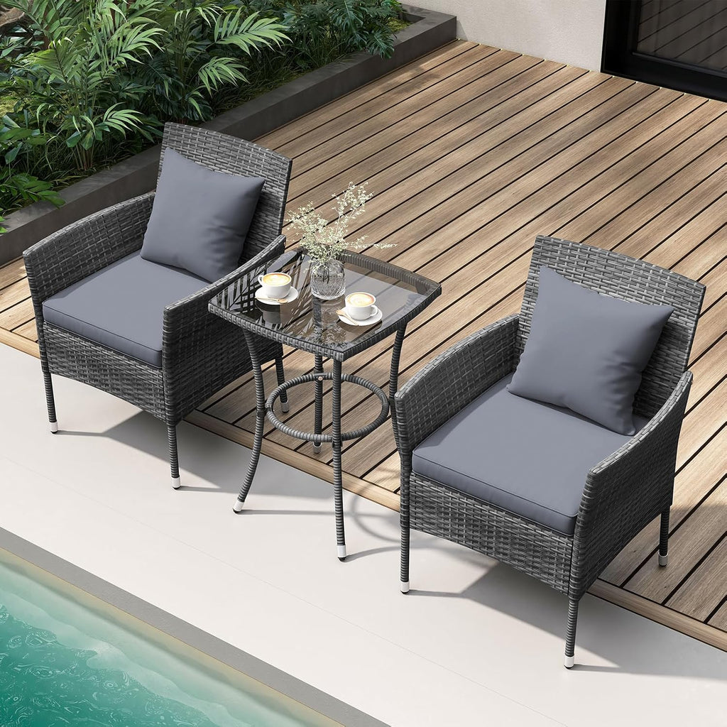 RELAX4LIFE 3-Piece Patio Furniture Set - Rattan Wicker Outdoor Furniture w/Cushions & Tempered Glass Coffee Table, Small Conversation Bistro Table and Chairs Set of 2 for Garden Porch Balcony (Grey)