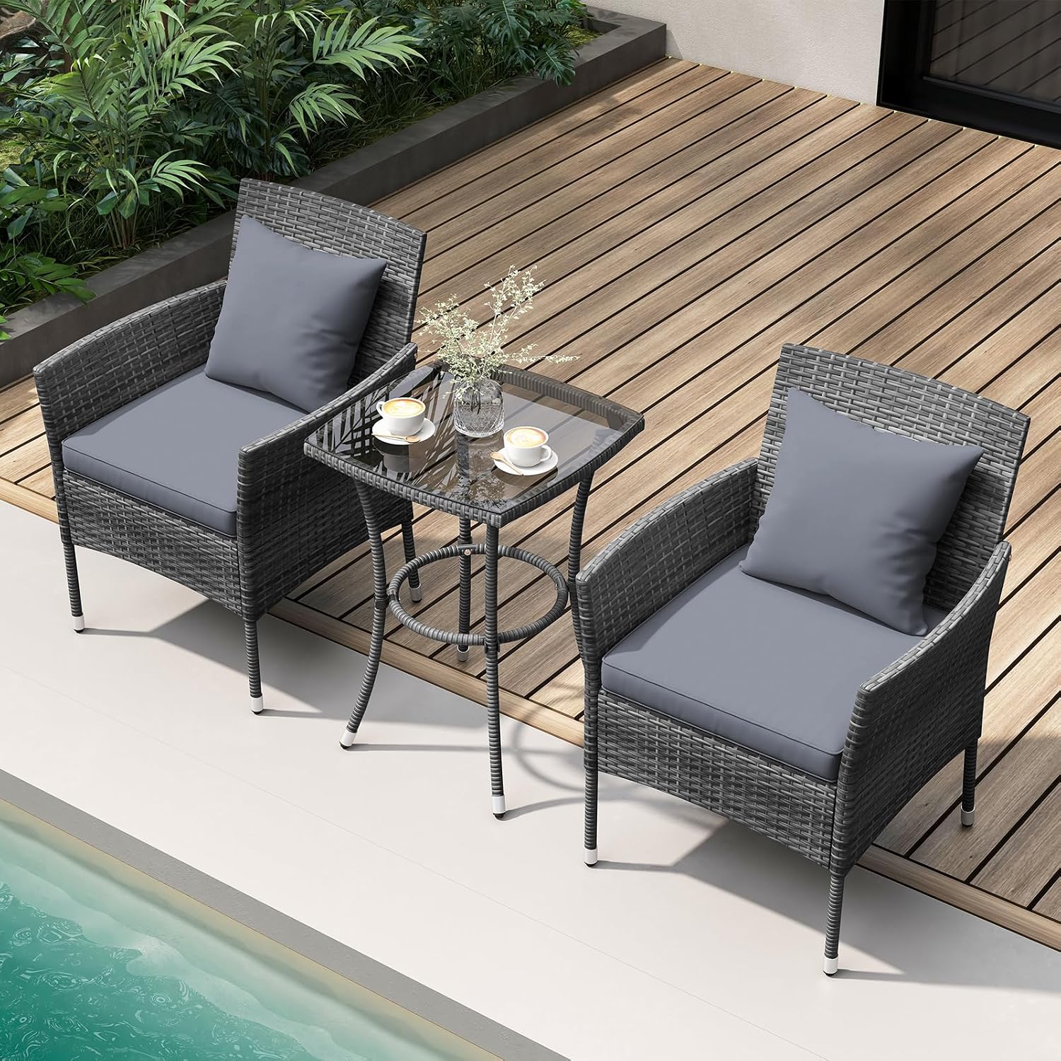 RELAX4LIFE 3-Piece Patio Furniture Set - Rattan Wicker Outdoor Furniture w/Cushions & Tempered Glass Coffee Table, Small Conversation Bistro Table and Chairs Set of 2 for Garden Porch Balcony (Grey)