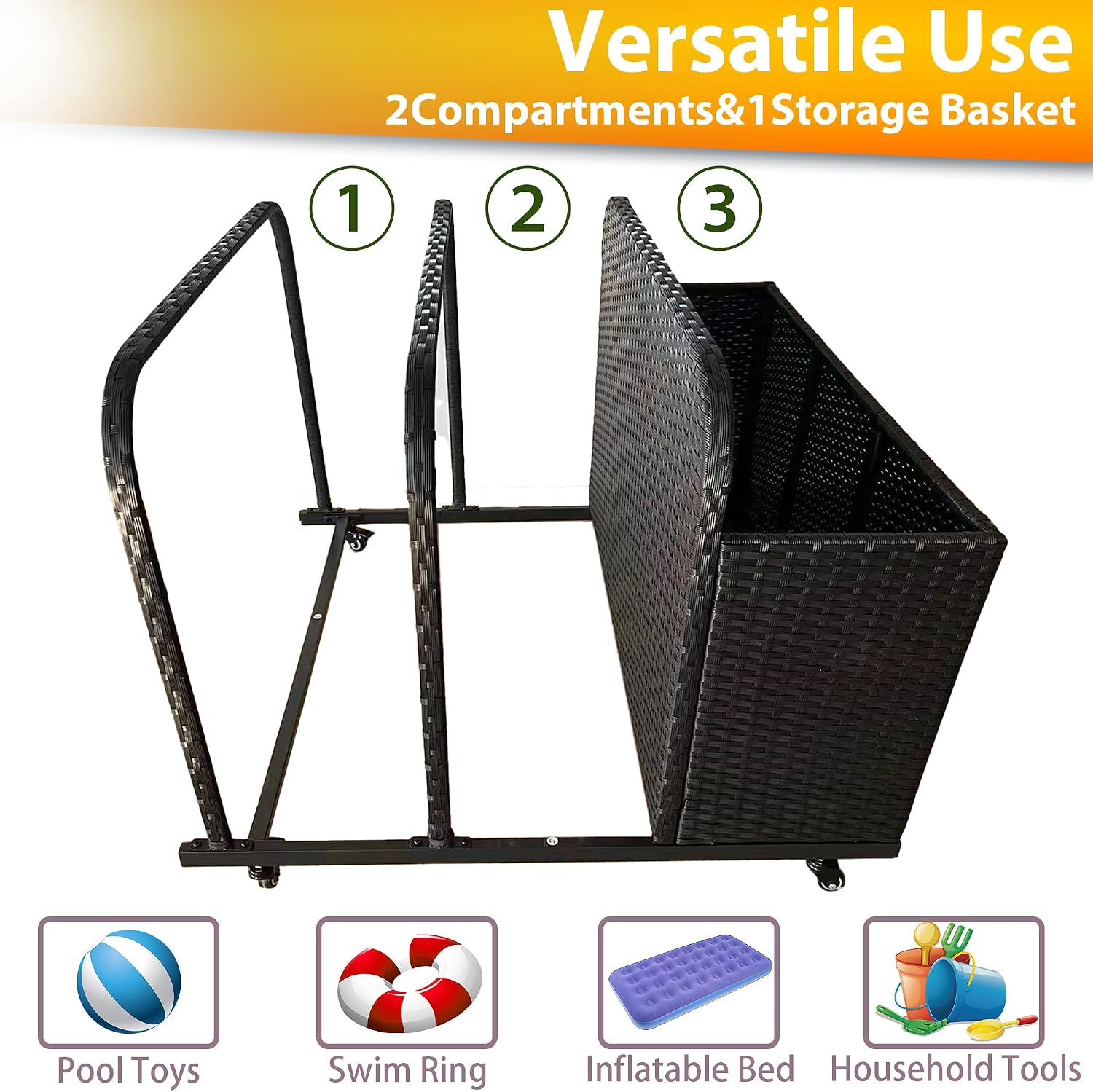Rolling Poolside Float Storage, Pool Storage Bin, Outdoor Storage Organizer PE Rattan Pool Towel Rack for Floaties, Pool Accessories and Patio furniture Brown