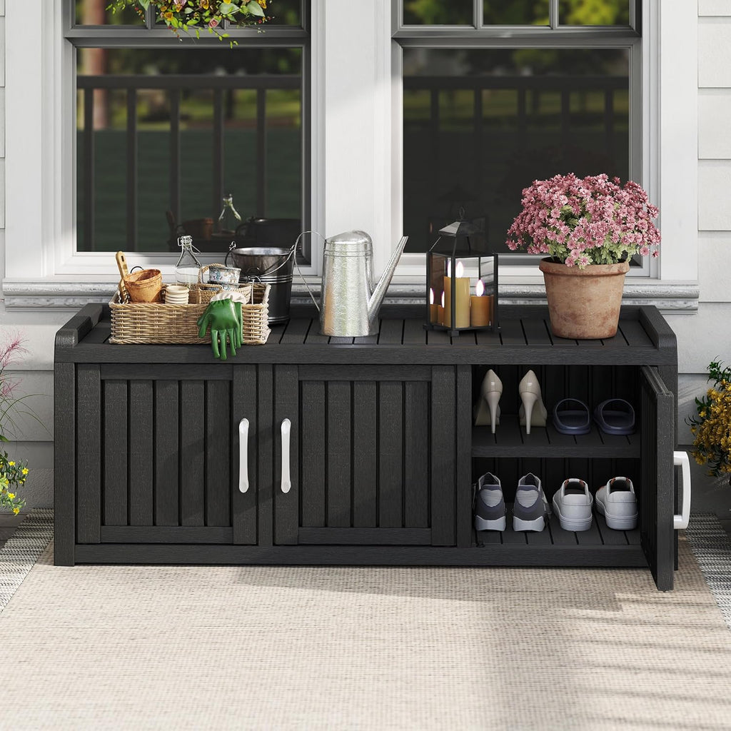 KAMABOKO Outdoor Shoe Storage Cabinet Waterproof UV-Resistant, Entryway Storage Bench Indoor Outdoor with 3 Barn Doors, Adjustable Shelves for Entryway, Bedroom, Hallway,Living Room(Black)