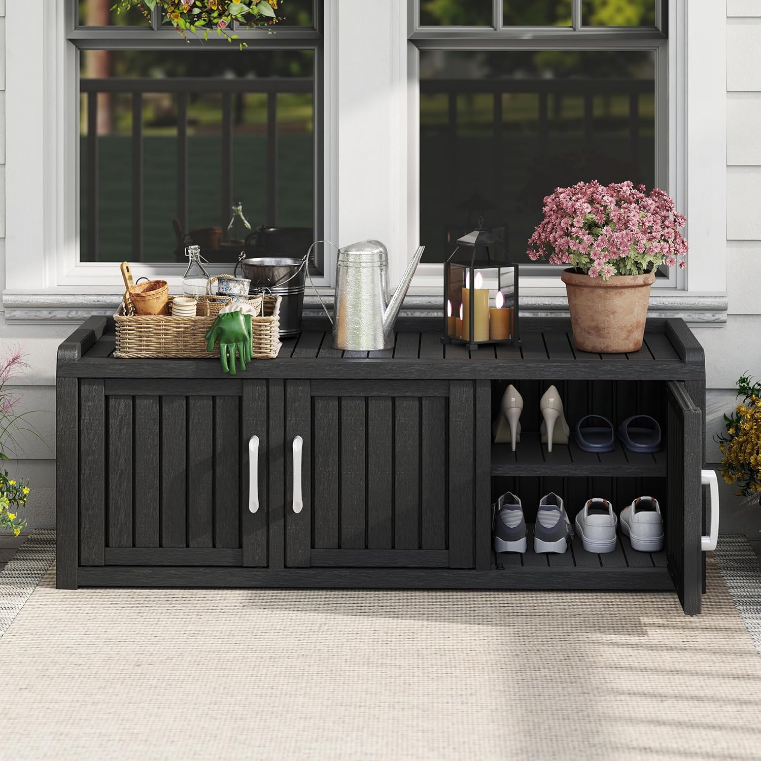 KAMABOKO Outdoor Shoe Storage Cabinet Waterproof UV-Resistant, Entryway Storage Bench Indoor Outdoor with 3 Barn Doors, Adjustable Shelves for Entryway, Bedroom, Hallway,Living Room(Black)