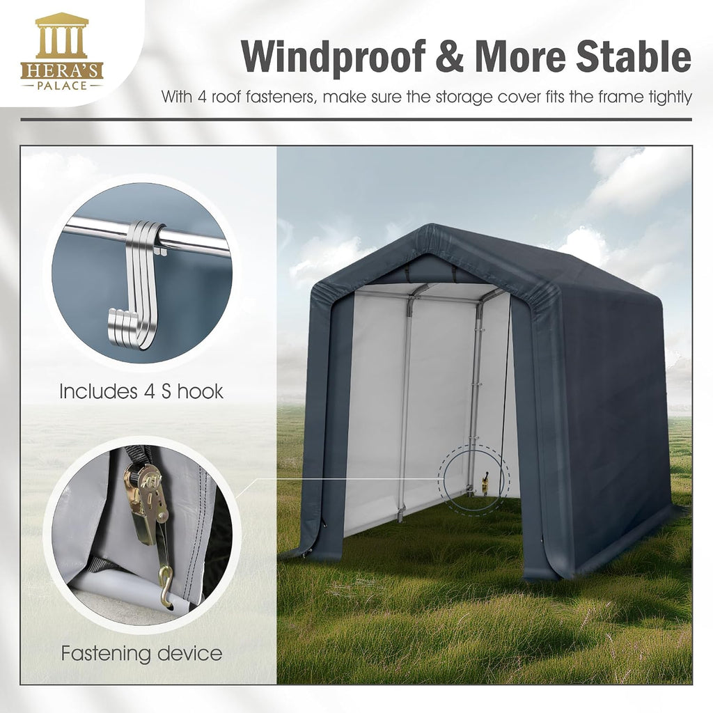HERA'S PALACE 6x10ft Heavy Duty Motorcycle Storage Shed Small Carport Outdoor Anti-Snow Portable Canopy Shelter with 2 Doors Garage Tent for Garden Tools Bike
