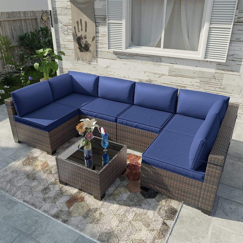 Kullavik 7 Pieces Outdoor Patio Furniture Set,Sectional Rattan Sofa Set Brown PE Rattan Wicker Patio Conversation Set with Tempered Glass Coffee Table and Washable Cushions Covers,Navy Blue